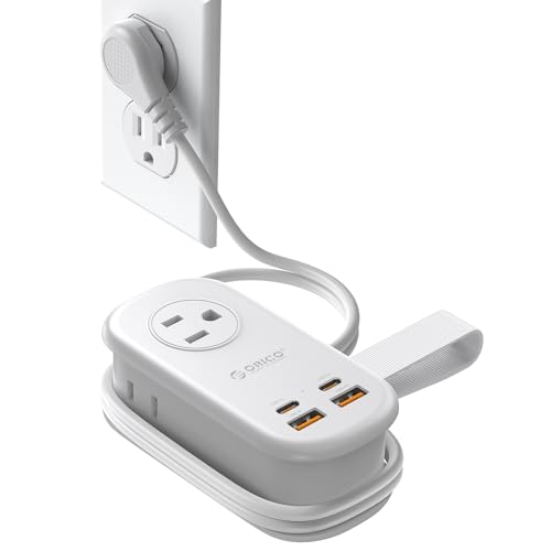 ORICO 65W GaN Travel Power Strip with 7-in-1 Charging Ports (3 AC Outlets/2 USB-A/2 USB-C), Flat Plug and 4FT Extension Cord, Fast Charger for MacBook Pro/Air, iPad Pro, iPhone 17/16/15- AP3 - color: White