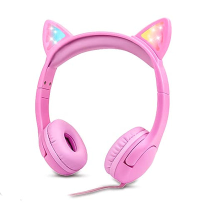 Olyre Kids Cat Ear Headphones, Girls Wired Headset, Audio Sharing Jack, Mic | LED Light-Up kitty headphones; Fun design; Volume limited; Tangle-Free cord; Toddlers, preschools, airplane, classroom - color: All-Pink