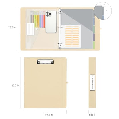 1 Inch 3 Ring Leather Binder Organizer, BVSSX Three Ring Binders with Clipboard, Plastic Folder, 5-Tabs Pocket Dividers with Sticker Labels, Pen Loop, Elastic Strap (Beige,Letter Size) - color: Beige, size: 1in（Letter Size）