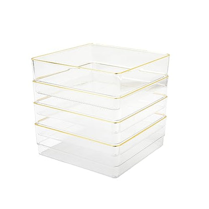 Martha Stewart Kerry Plastic Stackable Office Desk Drawer Organizers, 6" x 6", 4 Pack, with Gold Trim - size: 6" x 6"