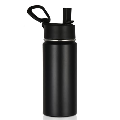 Volhoply Kids Insulated Water Bottle with Straw,16oz Stainless Steel Cold Water Bottles for School,BPA-Free Metal Wide Mouth Cups with Handle Lid,Reusable Double Wall Vacuum Sport Flask(Black,1) - color: Black