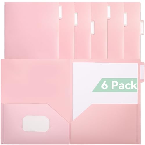 SortRax Plastic Folders with Pockets, 6 Pack Pink Folders for School, Unique 1/3 Cut Tabs with Colorful Labels, Letter Size - color: Pink, style: 2 Pockets