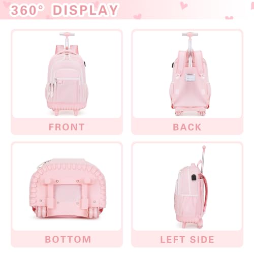 DIGOBAY Rolling Backpack for Girls, Cute Girls Backpack with Wheels, Kids Wheeled backpacks Set with Lunch Bag Pencil Case for Teen Girl, Roller School Bag with Wheels for Elementary Middle School - color: Pink