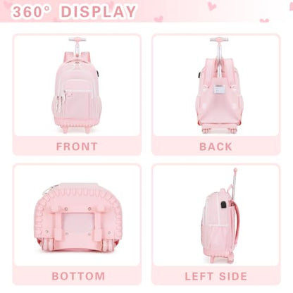 DIGOBAY Rolling Backpack for Girls, Cute Girls Backpack with Wheels, Kids Wheeled backpacks Set with Lunch Bag Pencil Case for Teen Girl, Roller School Bag with Wheels for Elementary Middle School - color: Pink