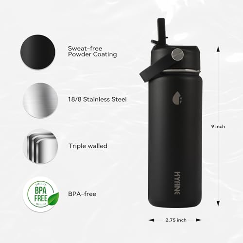 Stainless Steel Water Bottle with Straw Lid, 18oz Insulated Vacuum Bottle with Carrying Loop, Dishwasher Safe，uitable for use in schools, Offices, and outdoor activities (BLACK) - color: Black