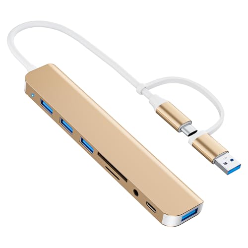 USB C/USB Hub Multiport Adapter,Aluminum 8 in 1 USB Splitter-Gold | USB 3.0 Hub SD/TF Card Reader,1 x USB 3.0, 3 x USB 2.0, 1 x USB C,and 3.5mm Audio Output for MacBook Pro Air ,iPad Pro,Laptop - color: Gold
