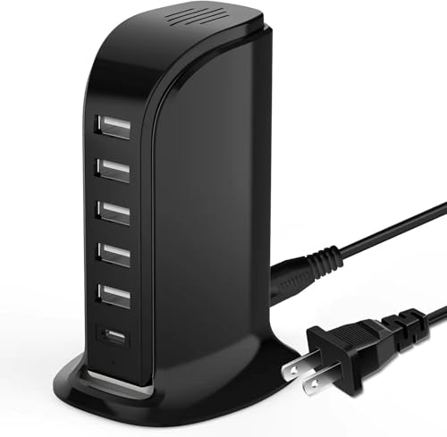 USB Charging Station for Multiple Devices, 40W Multiport Charger Tower, USB-C Port Supports PD Quick Charge Compatible with iPhone, Smartphones, Tablets and Other Devices (Black) - color: Black, size: 40W