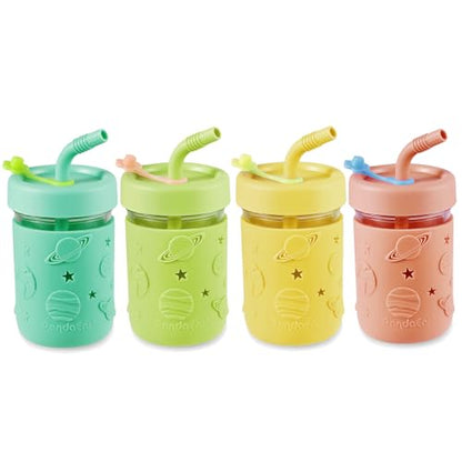 PandaEar Kids & Toddler Glass Cups, 4 Pack Glass Mason Jar Cups 8.45 oz with Silicone Sleeves & Straws, Spill-Proof Smoothie & Snack Cups for Children Ages 3+