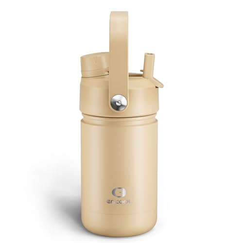 Kids Insulated Water Bottle with Straw - 12oz Stainless Steel Water Bottle with Dual Spouts, Leak-Proof, BPA-Free, Double Wall Vacuum Keeps Cold for 24 Hours for Sports, Travel, School (Indian Khaki) - color: Indian Khaki, size: 12 Ounces