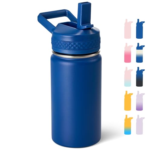 Fijinhom 12 oz Kids Water Bottle, Toddler Water Bottle with Straw, Boys&Girls Bottle for School, 304 Stainless Steel Vacuum Insulated Bottle for Kids, BPA-Free, Leak-Proof, Navy blue - color: Blue
