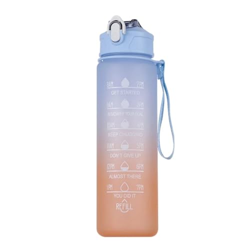 Motivational Water Bottle with Time Markers, 25oz, Gradient Blue-Orange, Leak-Proof Lid with Strap