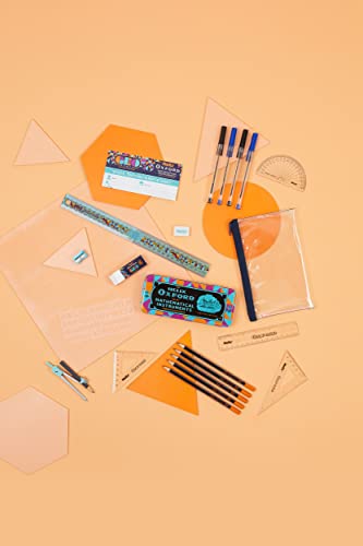 Helix Oxford Geo Complete Maths and Stationery Set - Oxford Maths Set, 30cm Folding Ruler, Ballpoint Pens, Eraser, Exam ready clear Pencil Case, Pencils - Orange Geometric Design