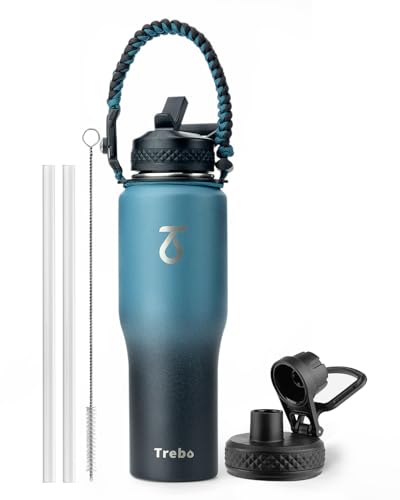 Trebo 40 oz Water Bottle Insulated Fit in Any Car Cup Holder with 2 Lids, | Stainless Steel T-shape Tumbler with Paracord Handle, Triple Wall Vacuum Copper Plated, Cold 48 Hrs for Travel, Wide Mouth - color: Indigo/Black, size: 40 Ounces