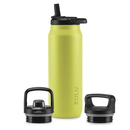 ZULU Base 40oz Stainless Steel Water Bottle with 3 Lids- Straw, Chug, Twist | Double Walled and Vacuum Insulated Metal Thermos | For Gym, Outdoor | Built in Carry Loop, Dishwasher Safe, Guac - color: Guac, style: 40oz