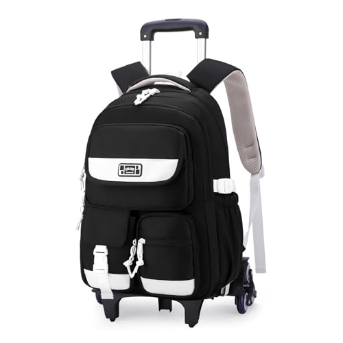 Solid Color Rolling Backpack for Girls Boys Cute Elementary school bag with wheels,Black Trolley Bags for Travel - color: B-black-6 Wheels, size: 6 Wheels