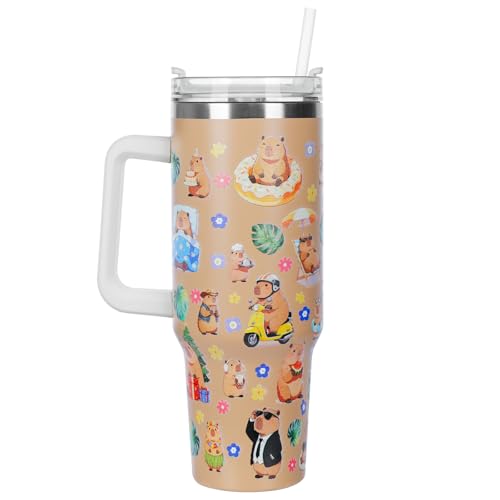 Capybara Water Bottle with Straw and Handle - 1200ml/40OZ Large Sport Water Flask,Stainless Steel Capybara Water Cup Insulated and Cold-keeping,Capybara Stuff Gifts for Boys Girls Kawaii Water Bottles - size: 40.6 Ounces