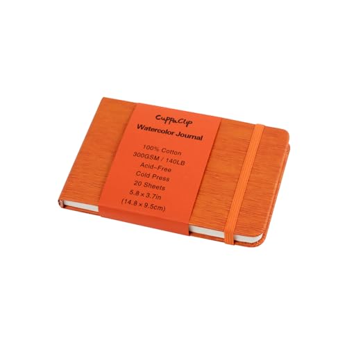 CuppaClip Leather Watercolor Journal, 300gsm/140lb 100% Cotton Cold Press Water ColorPaper, 20 Sheets Acid-Free Watercolor Sketchbook Art Notebook for Painting, Drawing, Travel (Orange, 5.8x3.7in) - color: Orange, size: 5.8x3.7in