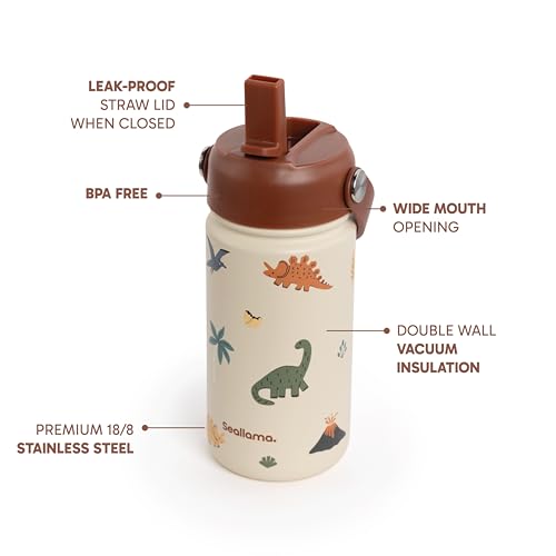 Seallama. Kids Water Bottle - 14 oz Stainless Steel Tumbler with Straw Lid, Vacuum Insulated Double Wall Travel Cup, Leak-Proof Reusable Drink Bottle for School & Everyday Hydration - color: Jurrasic Jive