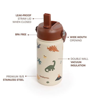 Seallama. Kids Water Bottle - 14 oz Stainless Steel Tumbler with Straw Lid, Vacuum Insulated Double Wall Travel Cup, Leak-Proof Reusable Drink Bottle for School & Everyday Hydration - color: Jurrasic Jive