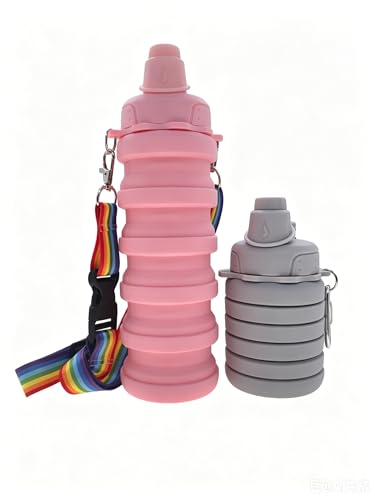 Collapsible Water Bottles Silicone Foldable Reusable Leakproof Travel Water Bottle 17.6oz With Mountaineering Buckle And Adjusting Rope For Sports Camping Hiking Cycling Yoga（Light Gray And Pink) - color: Light Gray + Pink
