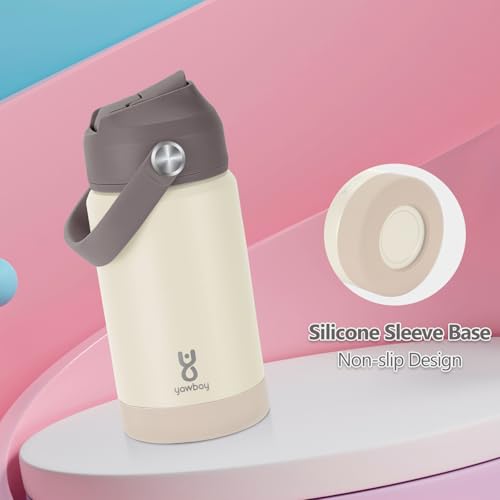 Kids Insulated Water Bottle with Straw Lid & Silicone Handle,12oz Kids Leak Proof Water Bottle for School Boys Girls,Double Wall Vacuum Stainless Steel with Non-slip Silicone Base(Beige) - color: Beige, size: 12 Ounces