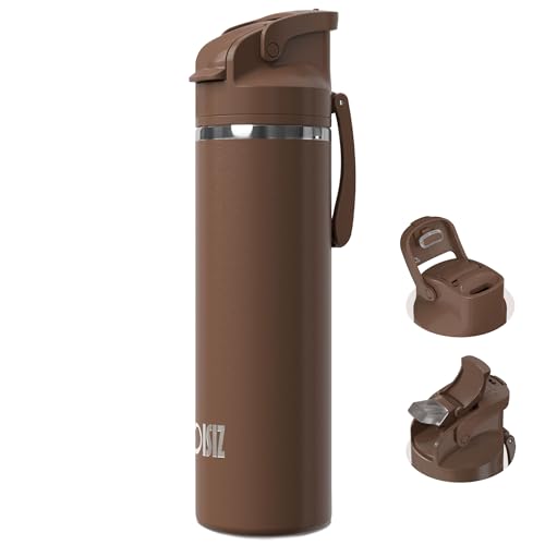 OISIZ Insulated Water Bottle 24 oz with 2 in 1 Spout and Straw Lid,One Click Safety Lock,100% Leakproof,Keep Cold 24H,Vacuum Stainless Steel Water Bottle for School,Travel and Sports,Dishwasher Safe - color: Chocolate, size: 24 Ounces