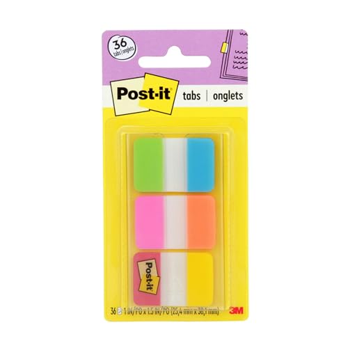 Post-it Tabs, 1 in Solid, Aqua, Yellow, Pink, Red, Green, Orange, 6/Color, 36/Dispenser (686-ALOPRYT) - size: 0.4" x 2.8"