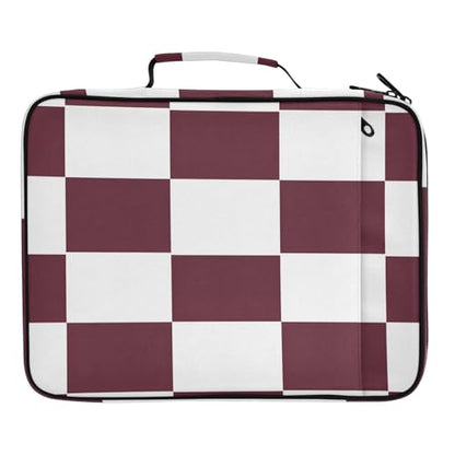 Zippered Portfolio Binder with 3-Ring & 7-Pocket Expanding File, Maroon White Check Pattern High Capacity Lesson Plan Organizer, Water-Repellent Document Case