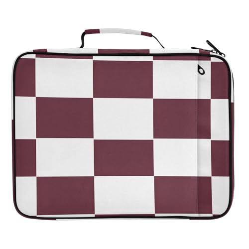 Zippered Portfolio Binder with 3-Ring & 7-Pocket Expanding File, Maroon White Check Pattern High Capacity Lesson Plan Organizer, Water-Repellent Document Case