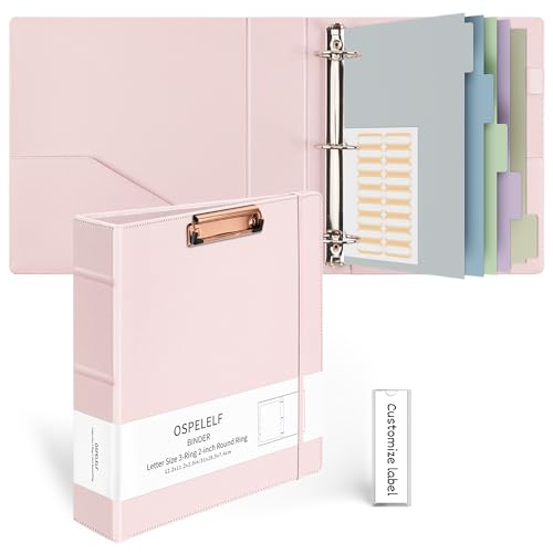 Ospelelf 3 Ring Binder with Clipboard 2 Inch Leather Binder for Letter Size (8.5" x 11"), Clipboard Binder with 5 Tab Dividers Back to School Supply, Pink - color: Pink, size: Letter Size - 2 Inch