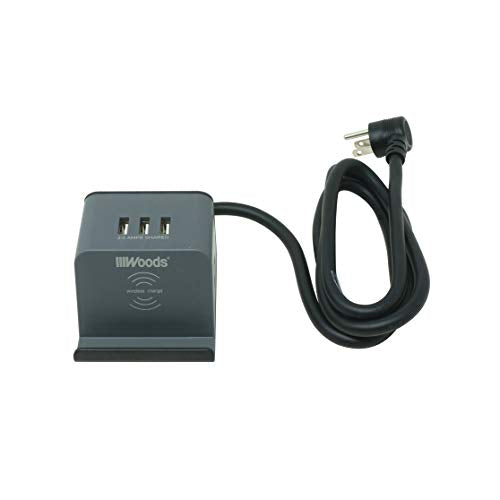 Woods 41023 2-Outlet Wireless Qi Charging Station with 3 USB-A Ports 3.0A Shared; 300 Joules of Surge Protection; 5-ft Cord for iPhone; Samsung; LG; Gray/Black
