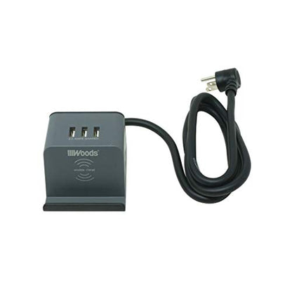 Woods 41023 2-Outlet Wireless Qi Charging Station with 3 USB-A Ports 3.0A Shared; 300 Joules of Surge Protection; 5-ft Cord for iPhone; Samsung; LG; Gray/Black