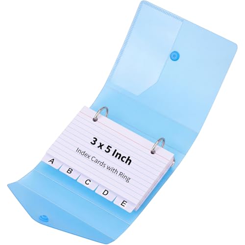 3x5 Index Card Holder Organizers Case Binder with Ring Dividers (Blue) | 100 Lined Page Plastic Index Card Organizer Case with Snap Closure for Study Recipe Flashcard Office School - color: Blue