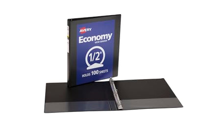 Avery Economy View 3 Ring Binder, 0.5" Round Rings, 100-Sheet Capacity, 0.7 Inch Wide Spine, Great for Home, School Supplies, Office, or Organization Needs, 1 Black Binder (05751) (Pack of 12) - size: 1 Count (Pack of 12)