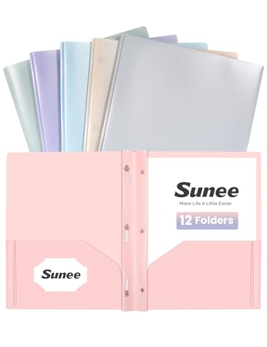 SUNEE 2 Pocket Folders with Prongs (12 Pack, Pastel Colors) Plastic Folders with Pockets and Prongs Fit Letter Size, Poly Folders with Pockets for School Office Home Business - color: Pastel Colors, style: 12 Pack