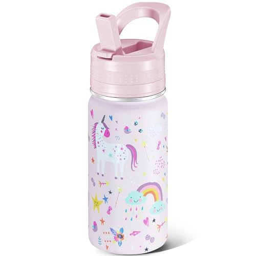 14 Oz Kids Water Bottle, Stainless Steel Water Bottle with Straws, Leak-Proof, BPA-Free, Insulated Water Bottles for School Boys & Girls|Pink Unicorn - color: Pink cartoon unicorn
