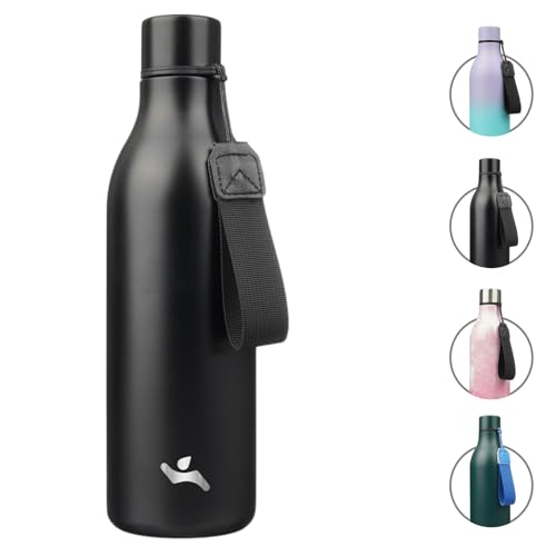 Konokyo Insulated Water Bottle with Strap,25 oz Double Wall Stainless Steel Vacuum Bottles Metal Water Flask,Black - color: Black, size: 25 Ounces