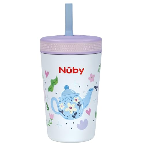 Nuby Thirsty Kids Insulated Toddler Cup with Silicone Flexstraw - 12 oz - Stainless Steel and Leak-Resistant - 18+ Months - Tea Pots - color: Tea Pots