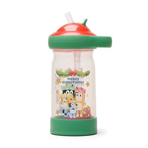 The First Years Sip & See Holiday Bluey Toddler Water Bottle - Includes Floating Charm - Spill Proof Toddler Cup with Straw - Dishwasher Safe with Flip Top Straw Cover - 13 Oz - style: Bluey Christmas