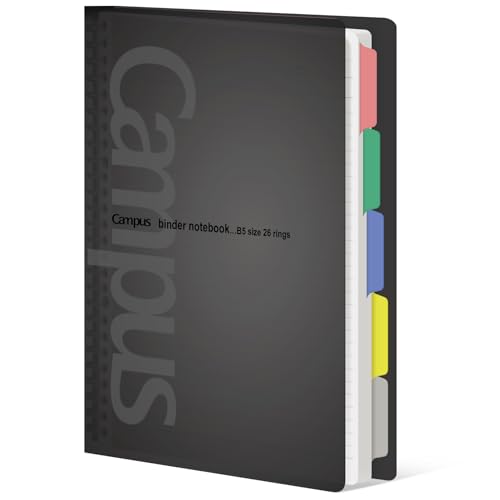 KOKUYO 5 Subject Spiral Notebook, Campus B5 Refillable Journal with 5 Tab Dividers, 100 Sheets in 7mm Dotted Ruled Loose Leaf Paper, Black, Japan Import - color: Black