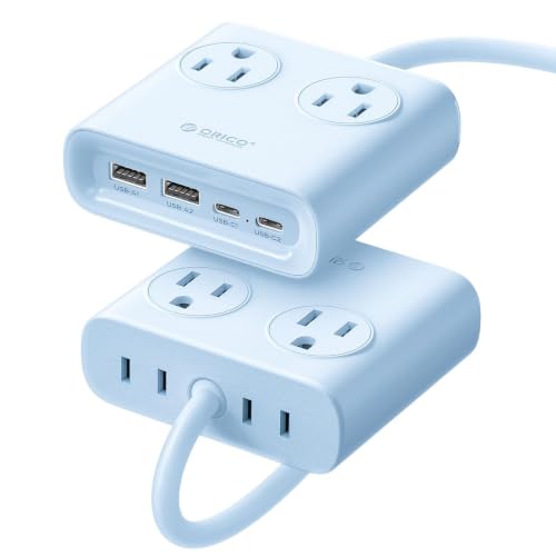 ORICO GaN 8-in-1 Power Strip with 4 AC Outlets, 2 USB-C 2 USB-A Ports, 45° Flat Plug, 5ft Extension Cord, Compact Desktop Charging Station for Cruise, Travel, Home Office, ETL Listed (1 Pack) - color: Blue（15W)