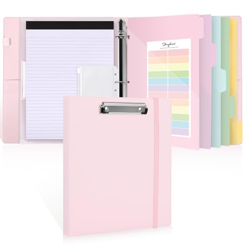 SKYDUE 3 Ring Binder with Clipboard, 13.2" × 10.2" Faux Leather 1 Inch Binder Organizer with 5 Pocket Dividers, Notepad, Labels & 2 Storage Pockets for Teachers, Students, Nurses & Office Work - color: Pink, size: Letter Size - 1 Inch