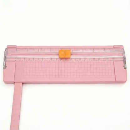 Paper Cutter, Pink Sliding Blade Trimmer with Clear Ruler and Grid Base for Cardstock, Photos, and Craft Projects, Compact Desktop Tool, 1 Pack