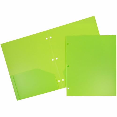 JAM PAPER Heavy Duty Plastic 3 Hole Punch Pocket Folders - Extra Tough School Folders - Lime Green - 3/Pack - color: Lime Green, size: 3 Per Pack