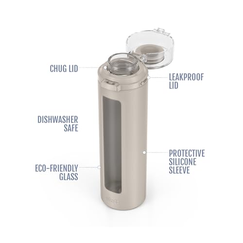 Ello Syndicate 20oz Reusable Glass Water Bottle with One-Touch Leak Proof Flip Lid, Protective Non-Slip Silicone Sleeve, Carry Loop for Coffee, Tea and Water, BPA-free, Dishwasher Safe, Sand - color: Sand
