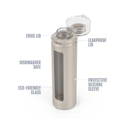 Ello Syndicate 20oz Reusable Glass Water Bottle with One-Touch Leak Proof Flip Lid, Protective Non-Slip Silicone Sleeve, Carry Loop for Coffee, Tea and Water, BPA-free, Dishwasher Safe, Sand - color: Sand