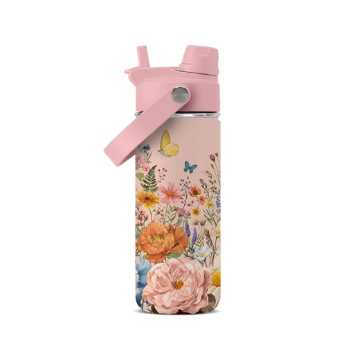 Floral Boho Water Bottle for Girls | 18oz Stainless Steel Water Bottle | Abstract Retro Mid Century Flower Insulated Cup | Pink Flowers Children Kids Toddlers Tumbler for School, Sports 1Pcs - color: flower-2