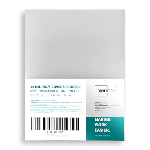 Binditek 50 Pack 12 Mil Binding Covers, Frosted Polycovers, Semi-Transparent, 8-1/2 x 11 Inches, Lightly Textured Sand Finish, Square Corners, Unpunched - color: Frosted, size: 12 Mil, 50 Pack
