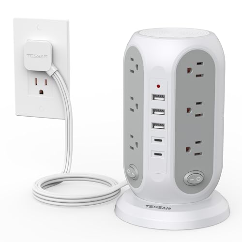 TESSAN Tower Power Strip with Individual Switches, Surge Protector with 12 Outlets, 5 USB Ports(2 USB C), Flat Extension Cord 6 Ft, 1250W, Charging Station for Multiple Devices, Office, Dorm, Grey - color: Grey, size: 6 FT