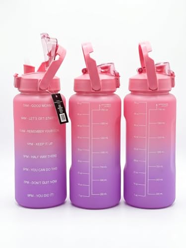 Motivational Water Bottle with Time Markers, 64 oz, Pink to Purple Gradient, Flip Lid with Straw